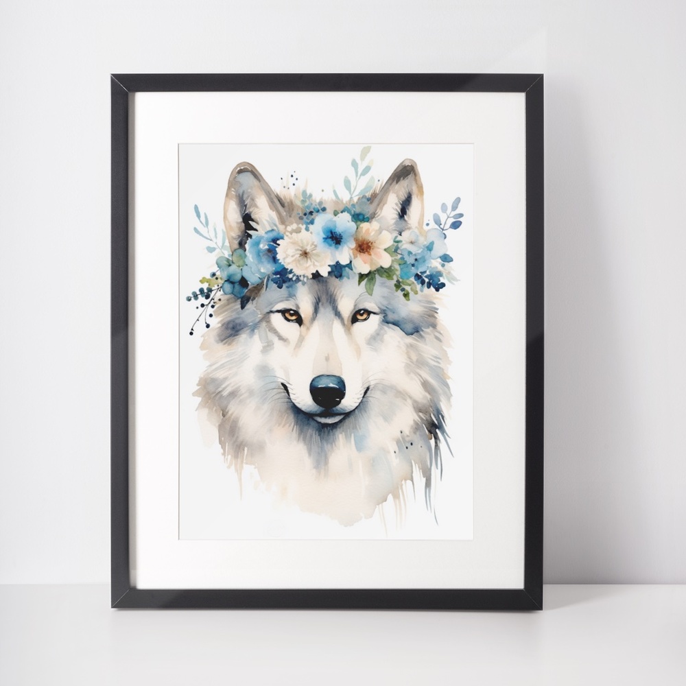 Watercolor Floral Wolf Portrait Wall Art Illustration Print Poster Unframed - Picture 2 of 7